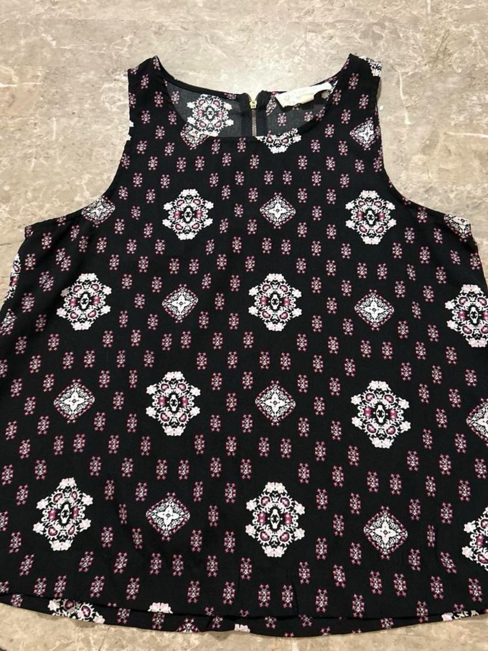 Pink Republic Black Tank Top with White and Pink Medallion Print
